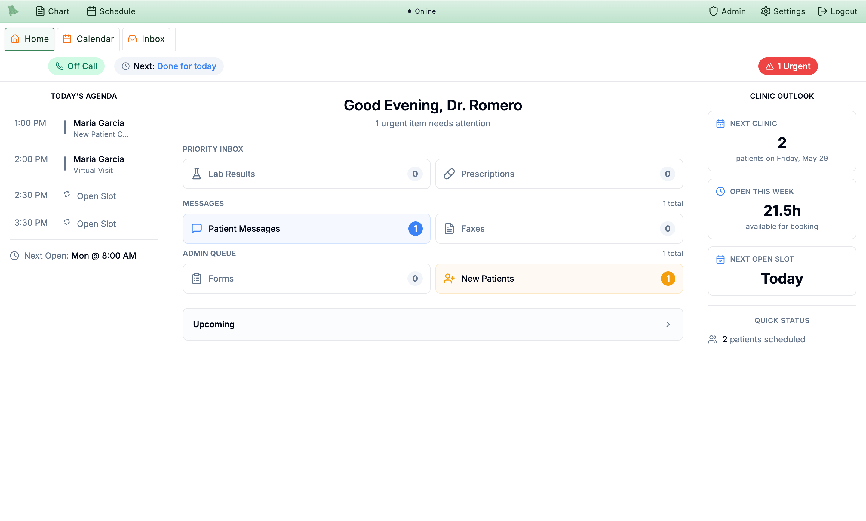 Clinician home dashboard with priority inbox, admin queue and clinic outlook KPIs