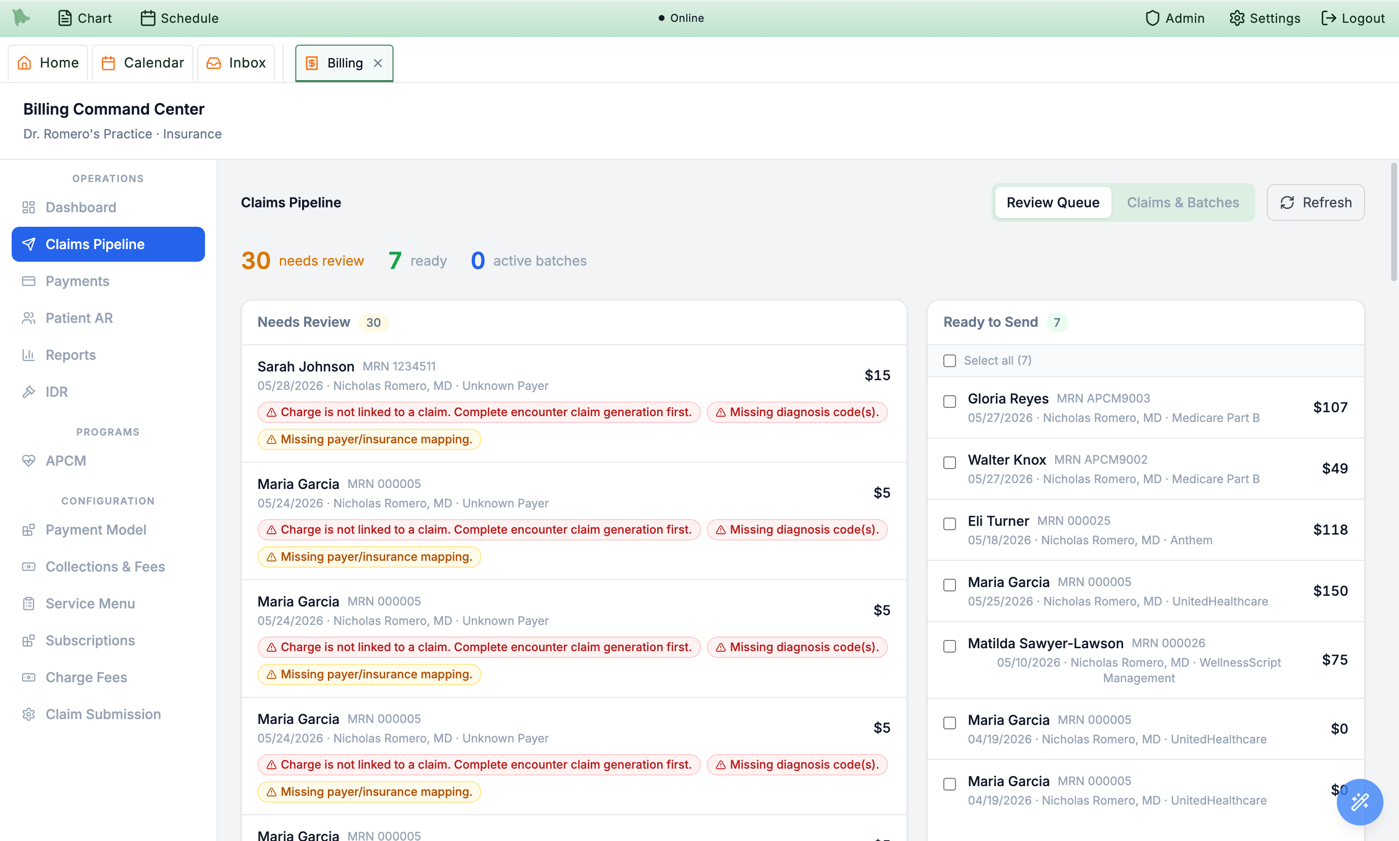 Claims pipeline review queue flagging missing diagnosis codes and payer mapping, plus ready-to-send batch