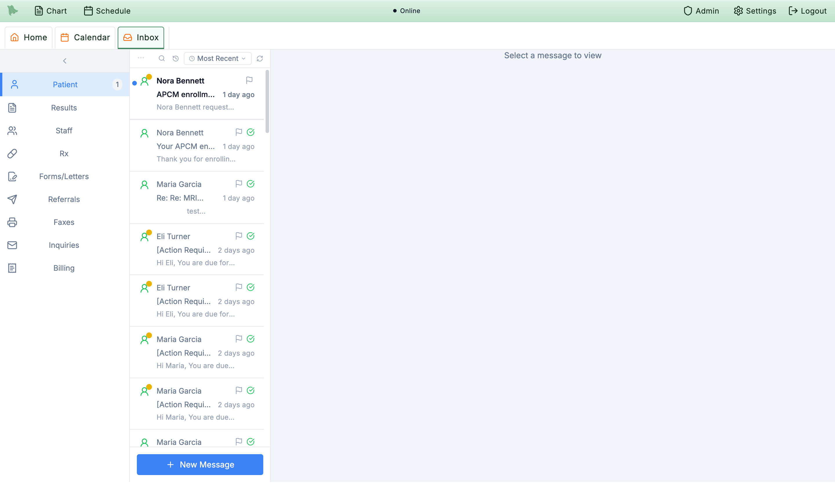 Unified clinician inbox with SMS, Email and Phone threads plus automated follow-up messages
