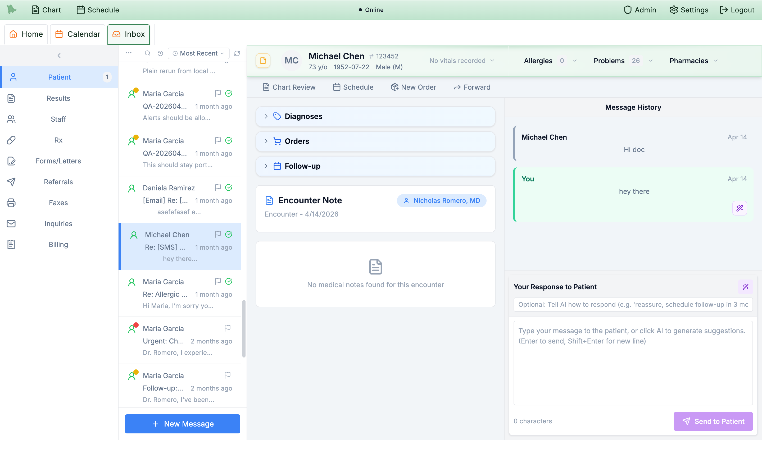 Message thread with AI response generation and patient context