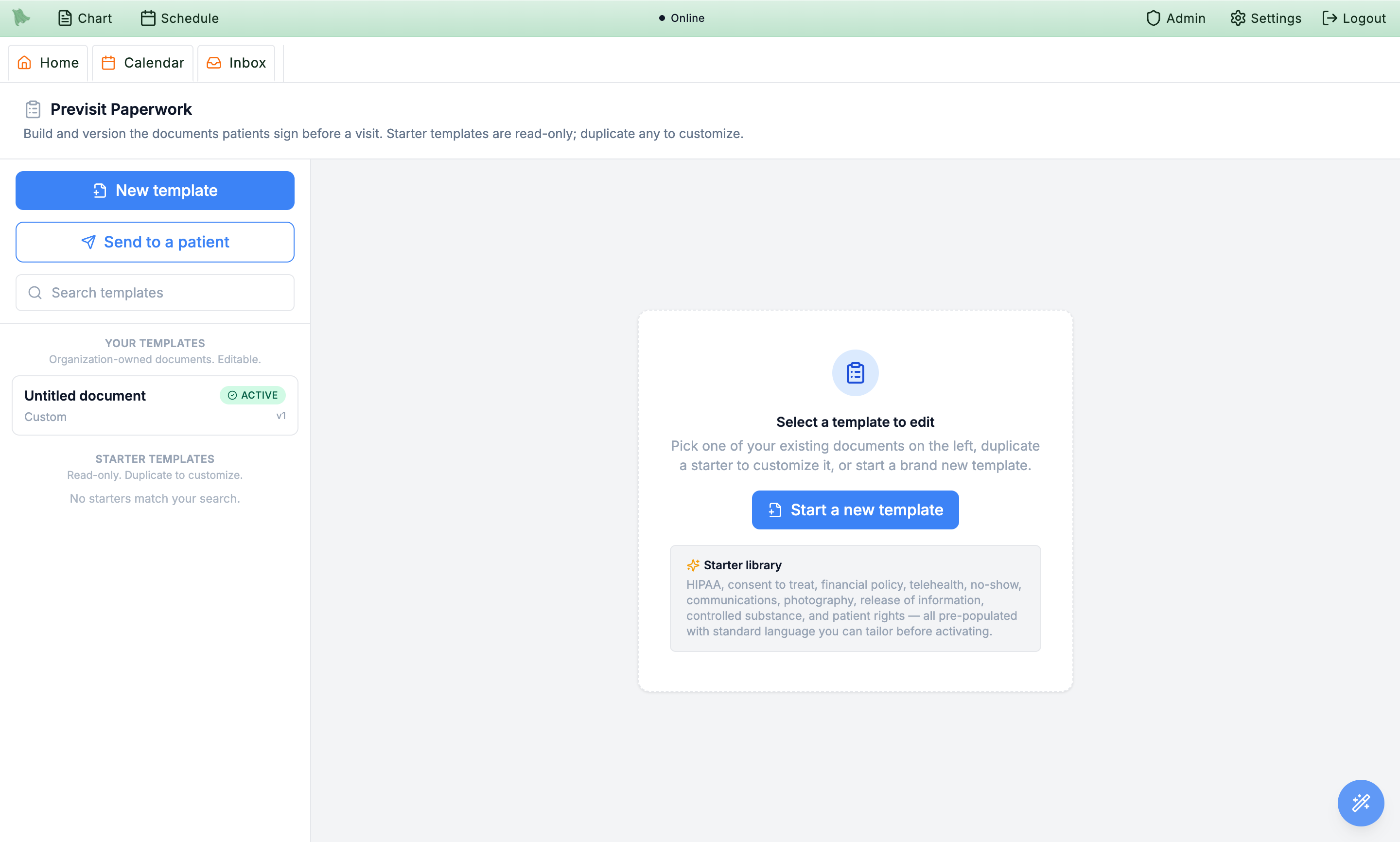 Previsit paperwork form builder with versioned templates and starter library