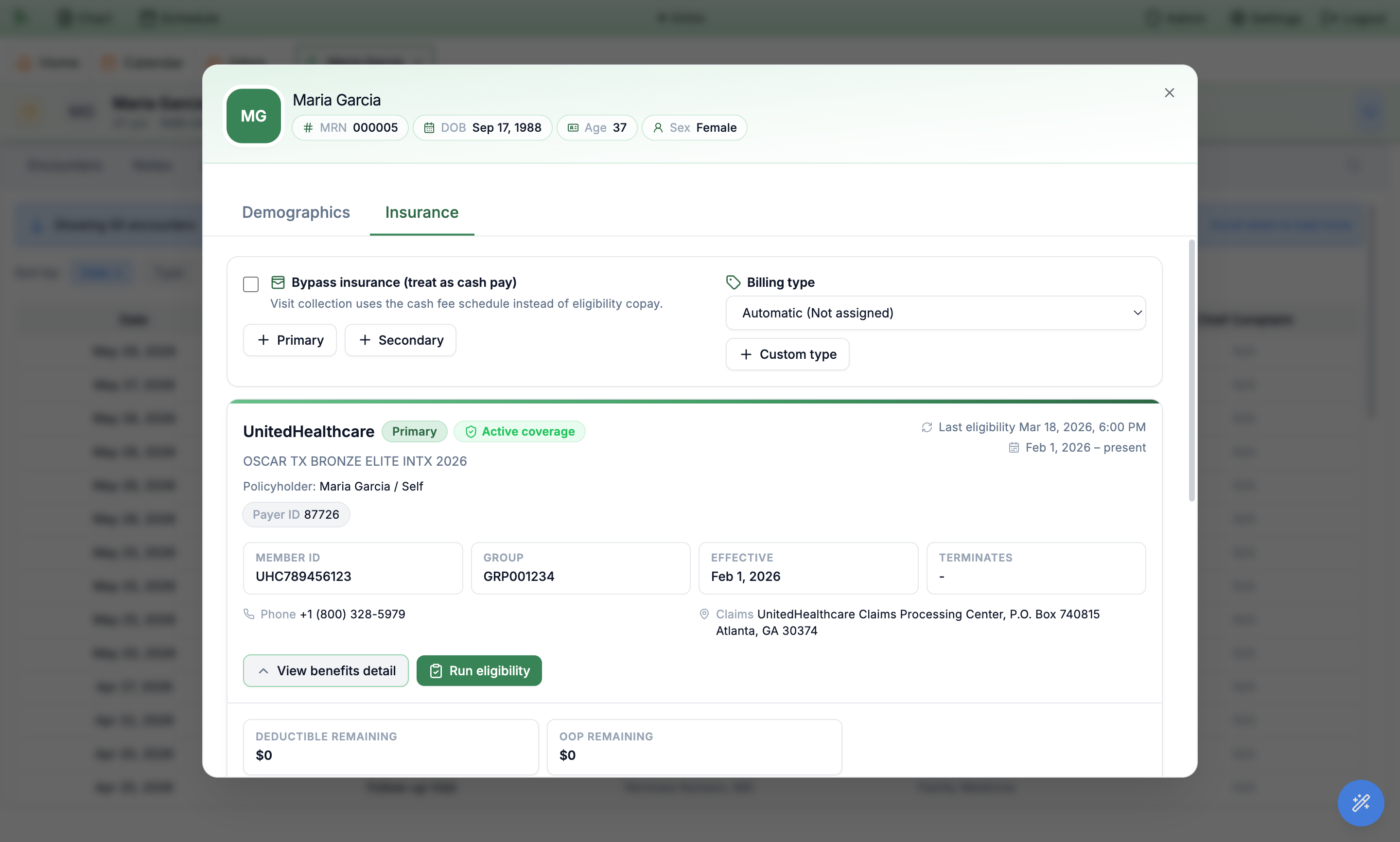 Insurance tab with active coverage, run eligibility, deductible and OOP remaining, primary and secondary