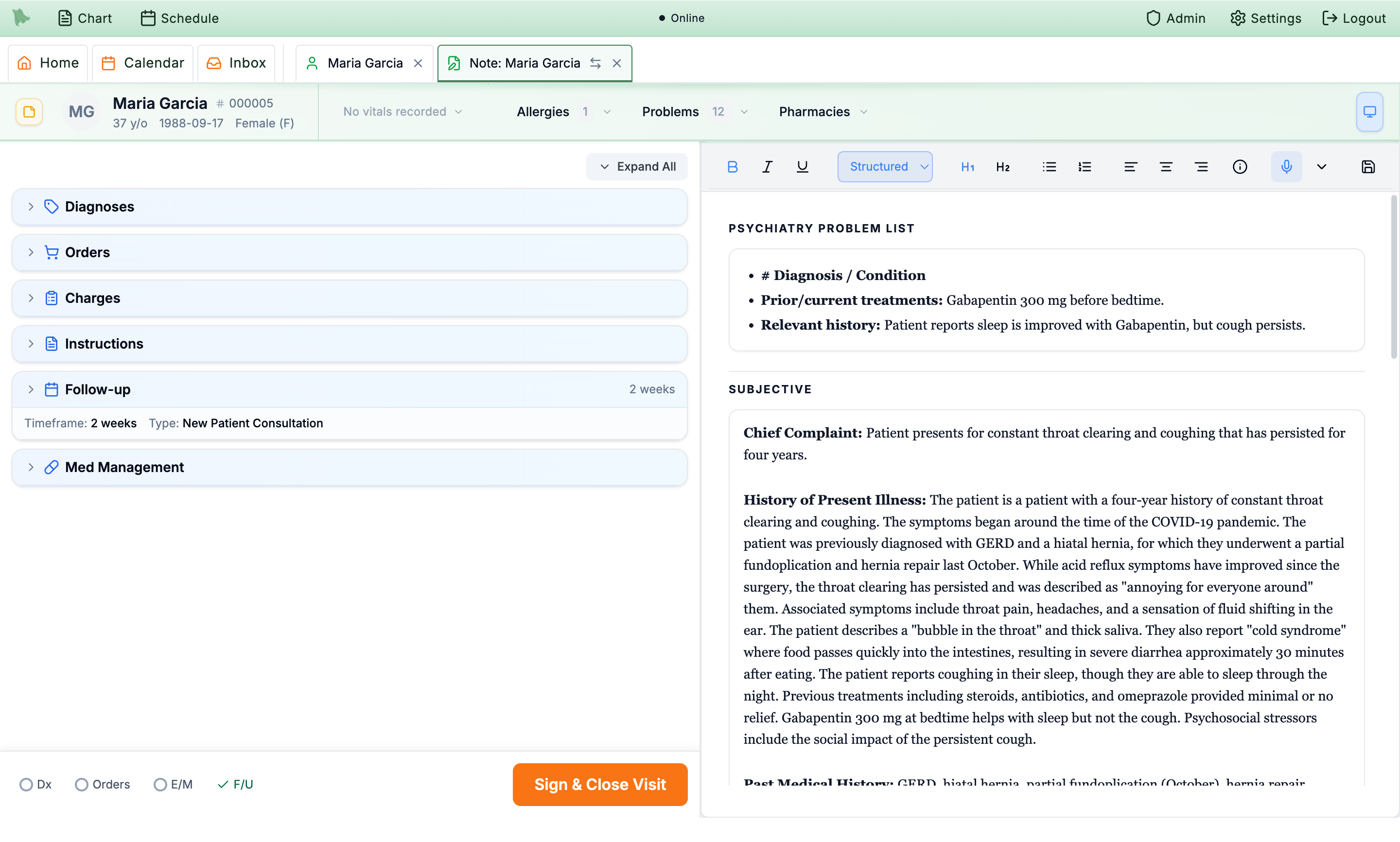 Encounter completion with diagnoses, E/M coding, charge capture and follow-up scheduling