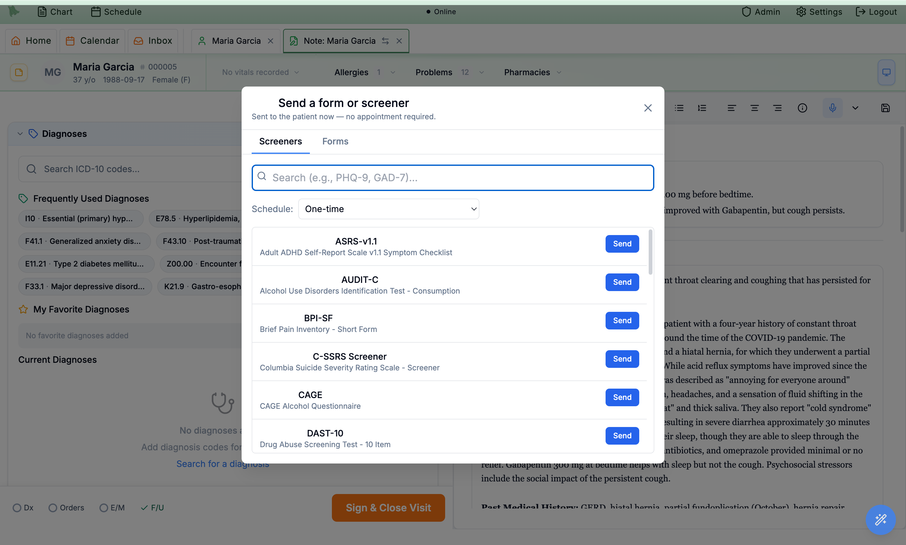 Built-in screener library: ASRS, AUDIT-C, C-SSRS, CAGE, DAST and more with one-time or recurring scheduling