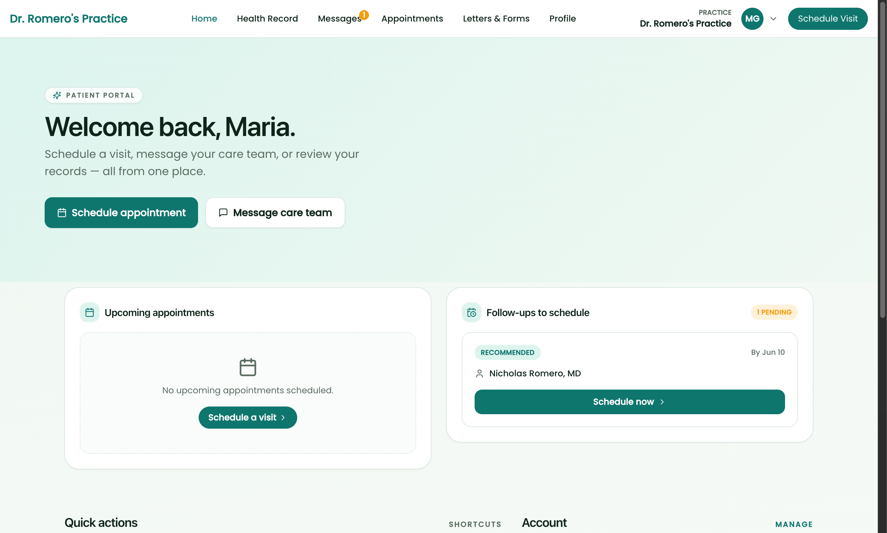 Patient portal home with self-scheduling, messaging, follow-ups, bills and insurance