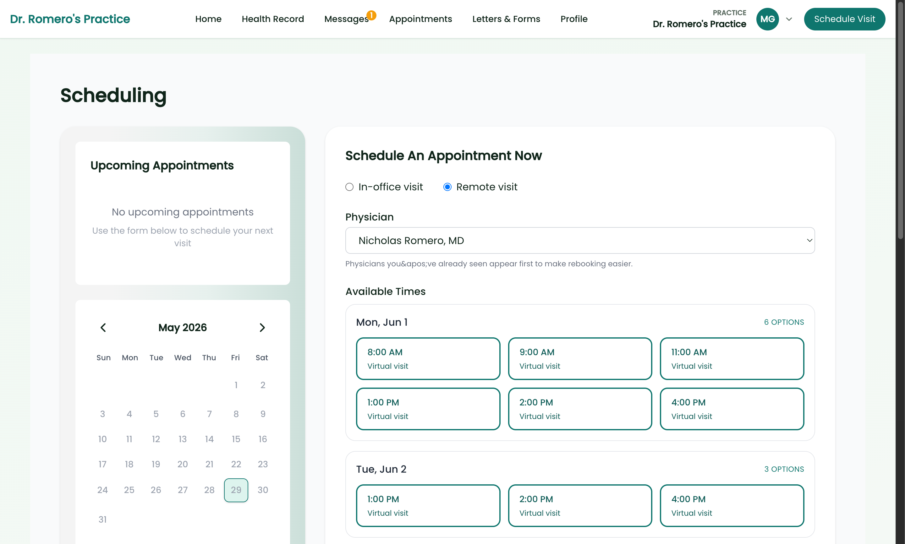 Patient self-scheduling with visit type, provider and real available time slots by day